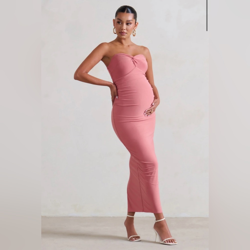 Club L London Evita Dress - Pink Maternity Sweetheart Twist Detail Mid Dress